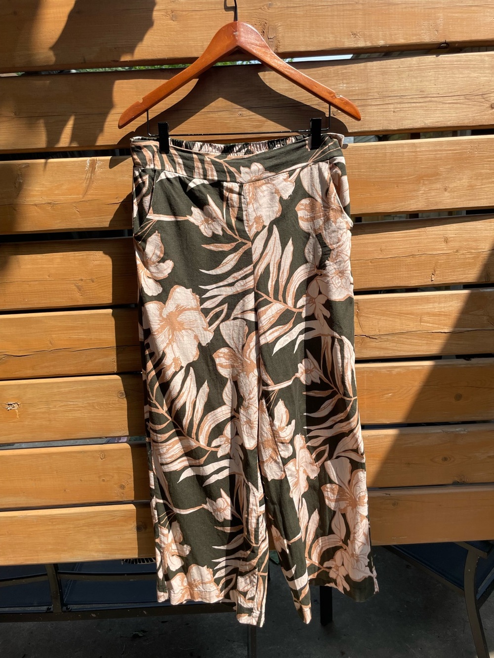Rachel Zoe Olive Wide-Leg Pants with Floral Print Size M Linen Blend